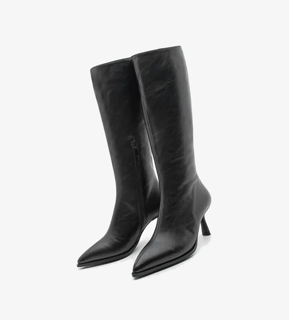 Kadın Sivri Burun Yarım Fermuarlı İnce Topuklu Çizme Lavisa Siyah - Görsel 1