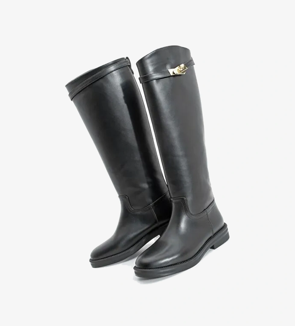 Kadın Tokalı Binici Günlük Çizme Velote Siyah - Görsel 1