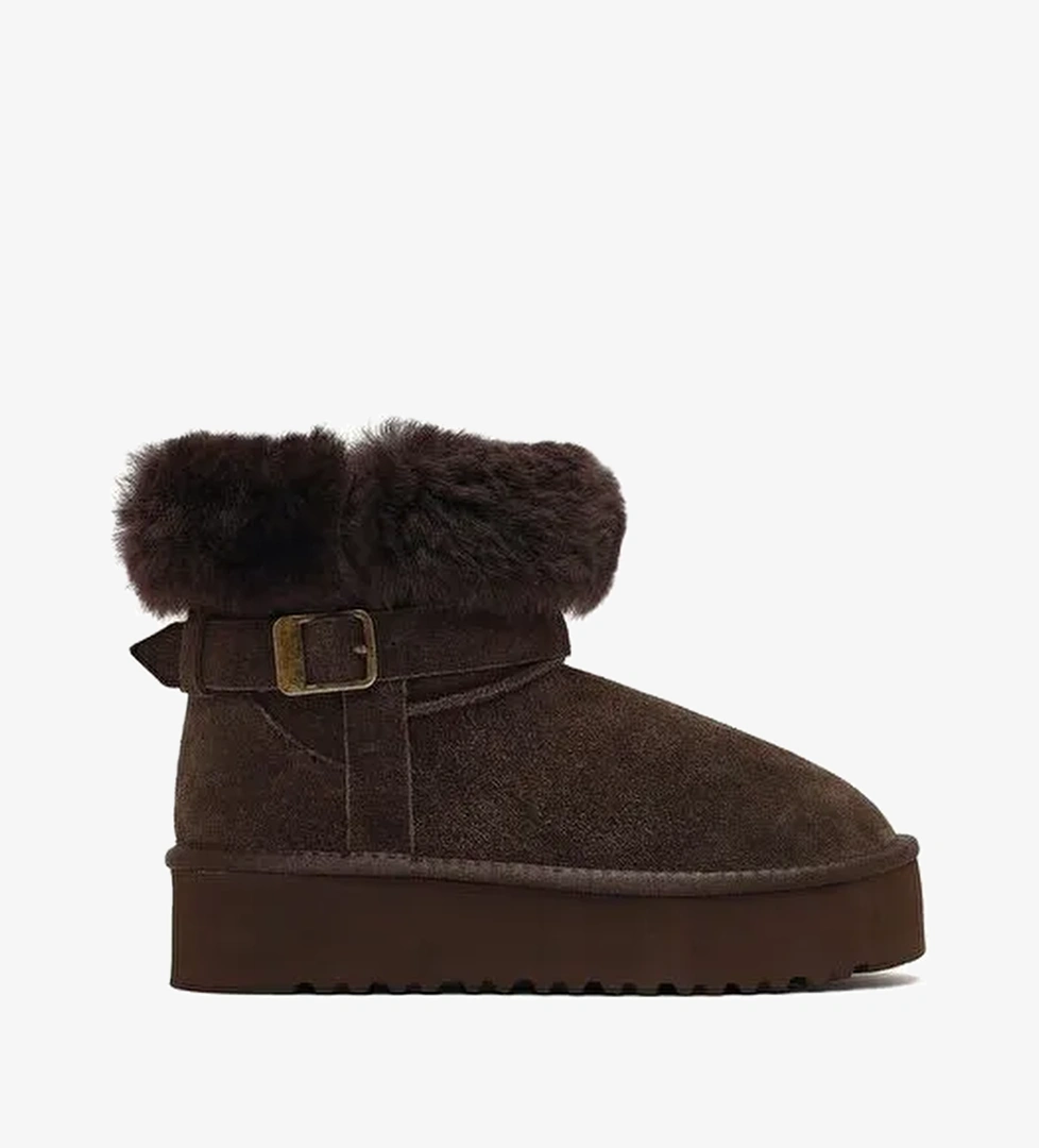 Kadın Kahverengi Kalın Tabanlı Kürk Detaylı Süet Deri Teddy Bot 25WFD492410 - Görsel 1