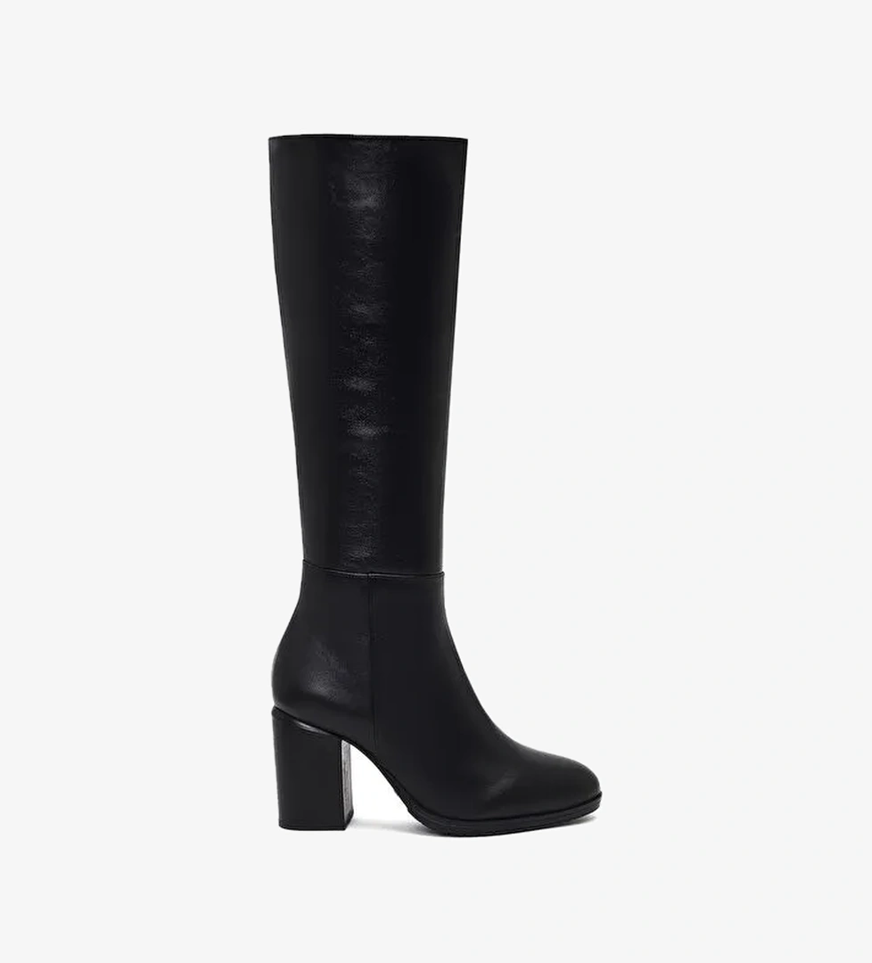Kadın Siyah Fermuarlı Kalın Topuklu Deri Çizme 25WFD240118 - Görsel 1