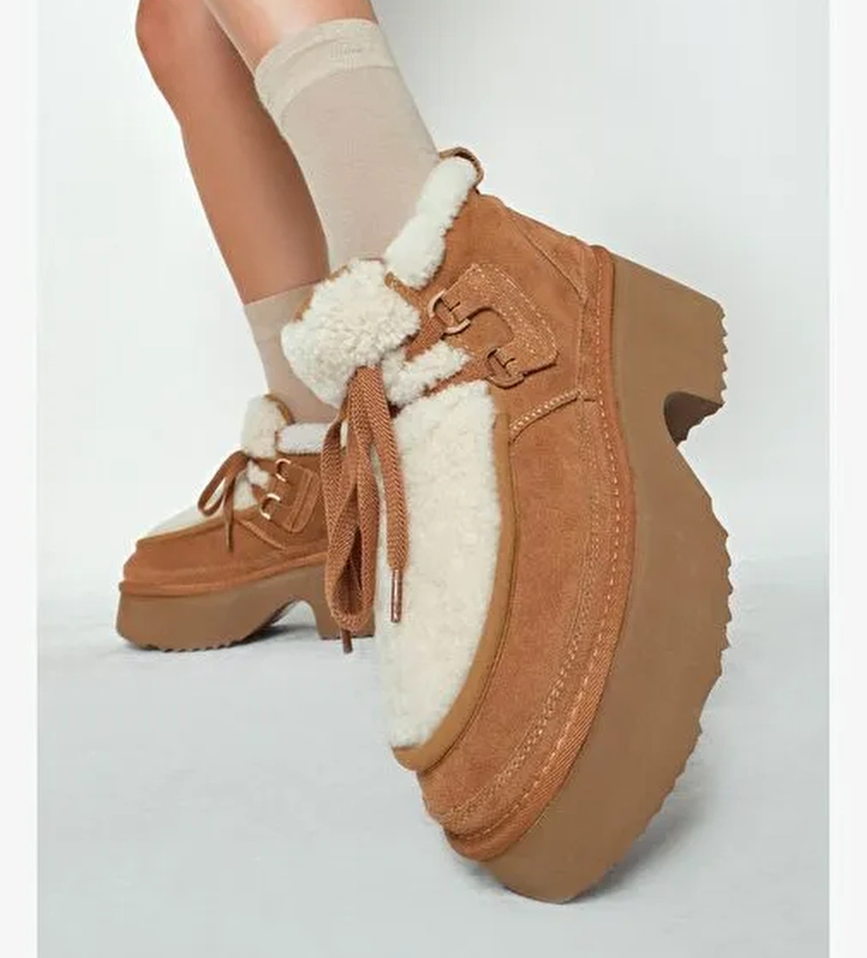 Kadın Camel Bağcıklı Kalın Tabanlı Kürklü Süet Deri Teddy Bot 25WFD492110 - Görsel 1