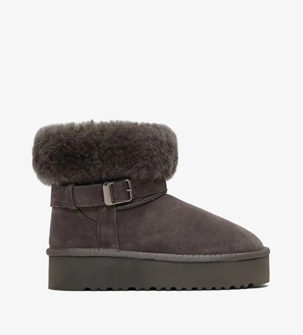 Kadın Gri Kalın Tabanlı Kürk Detaylı Süet Deri Teddy Bot 25WFD492410 - Görsel 1