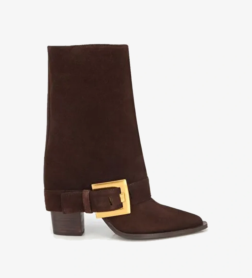 Kadın Süet Deri Kahverengi Pantolon Görünümlü Gold Tokalı Topuklu Bot 01BOH317980A480 - Görsel 1