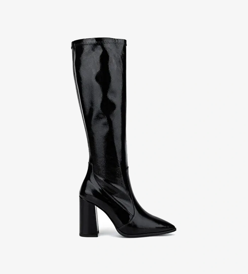 Valmenti Kadın Deri & Suni Siyah Rugan Topuklu Çizme - Görsel 1