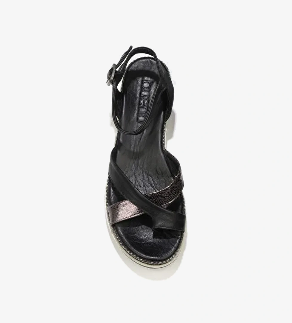 Bueno Shoes Siyah Kurşun Deri Kadın Dolgu Topuklu Sandalet 01wq1607 - Görsel 1