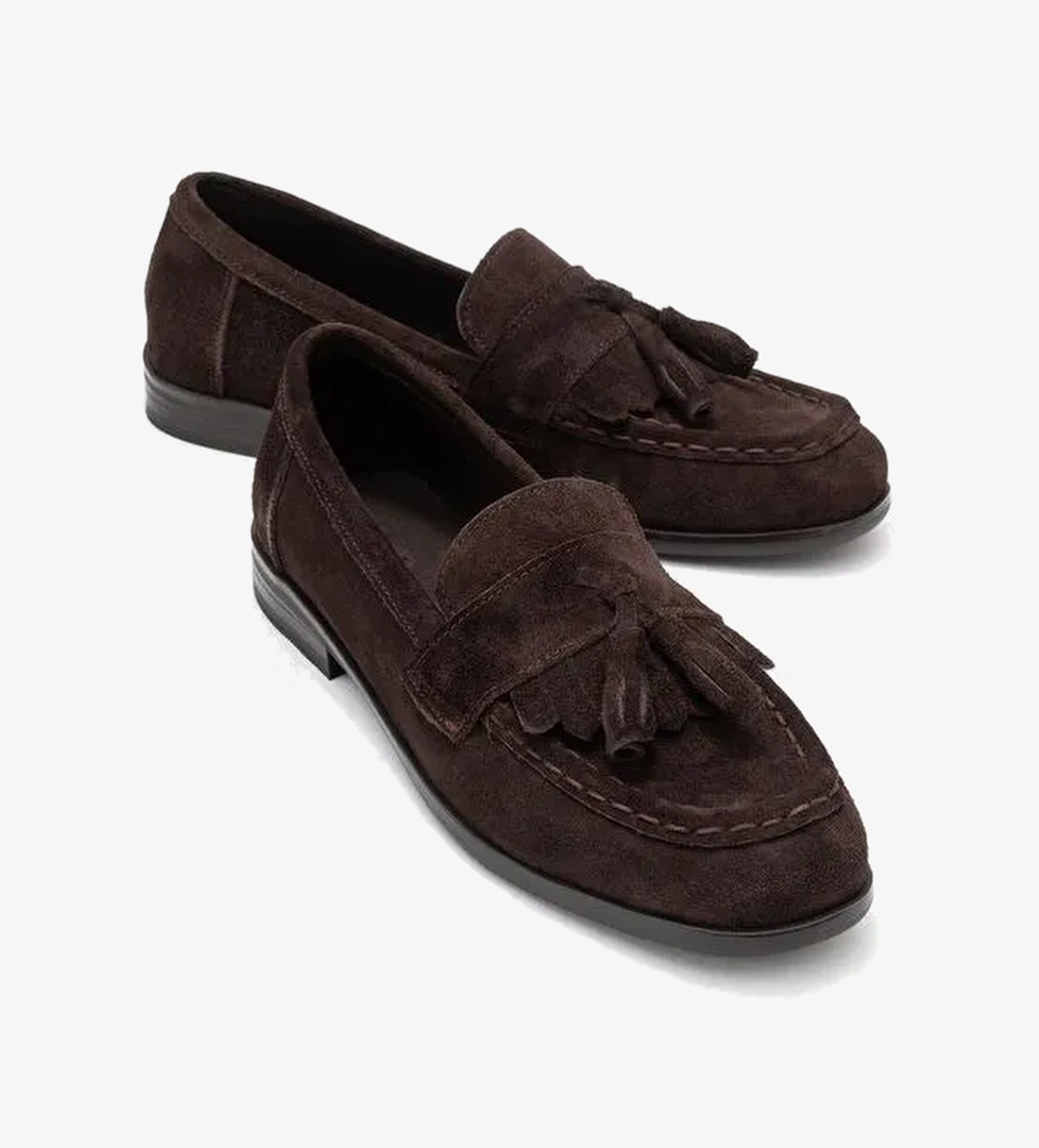 LUPEN Kahverengi Süet Püsküllü Hakiki Deri Kadın Loafer Ayakkabı - Görsel 1