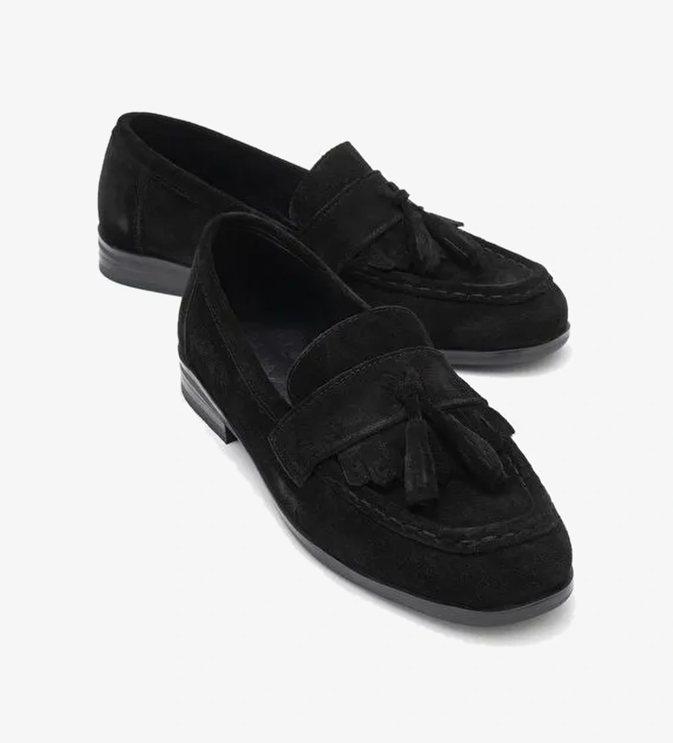 LUPEN Siyah Süet Püsküllü Hakiki Deri Kadın Loafer Ayakkabı - Görsel 1