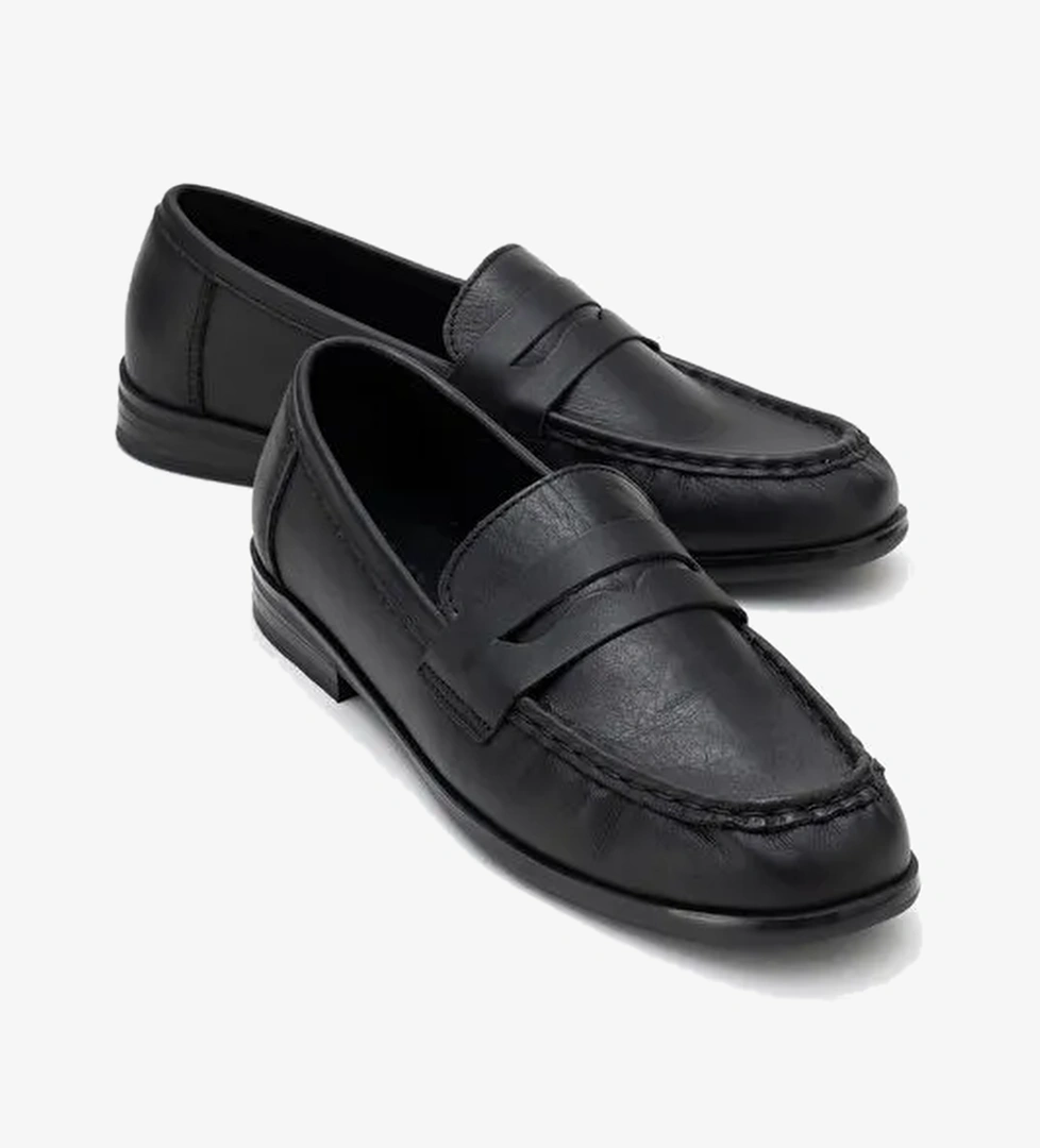 VALIA Siyah Cilt Hakiki Deri Kadın Loafer Ayakkabı - Görsel 1