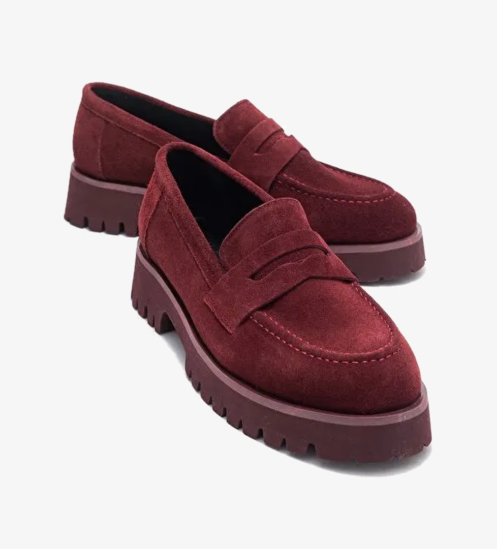 VIONEL Bordo Süet Hakiki Deri Kadın Loafer Ayakkabı - Görsel 1