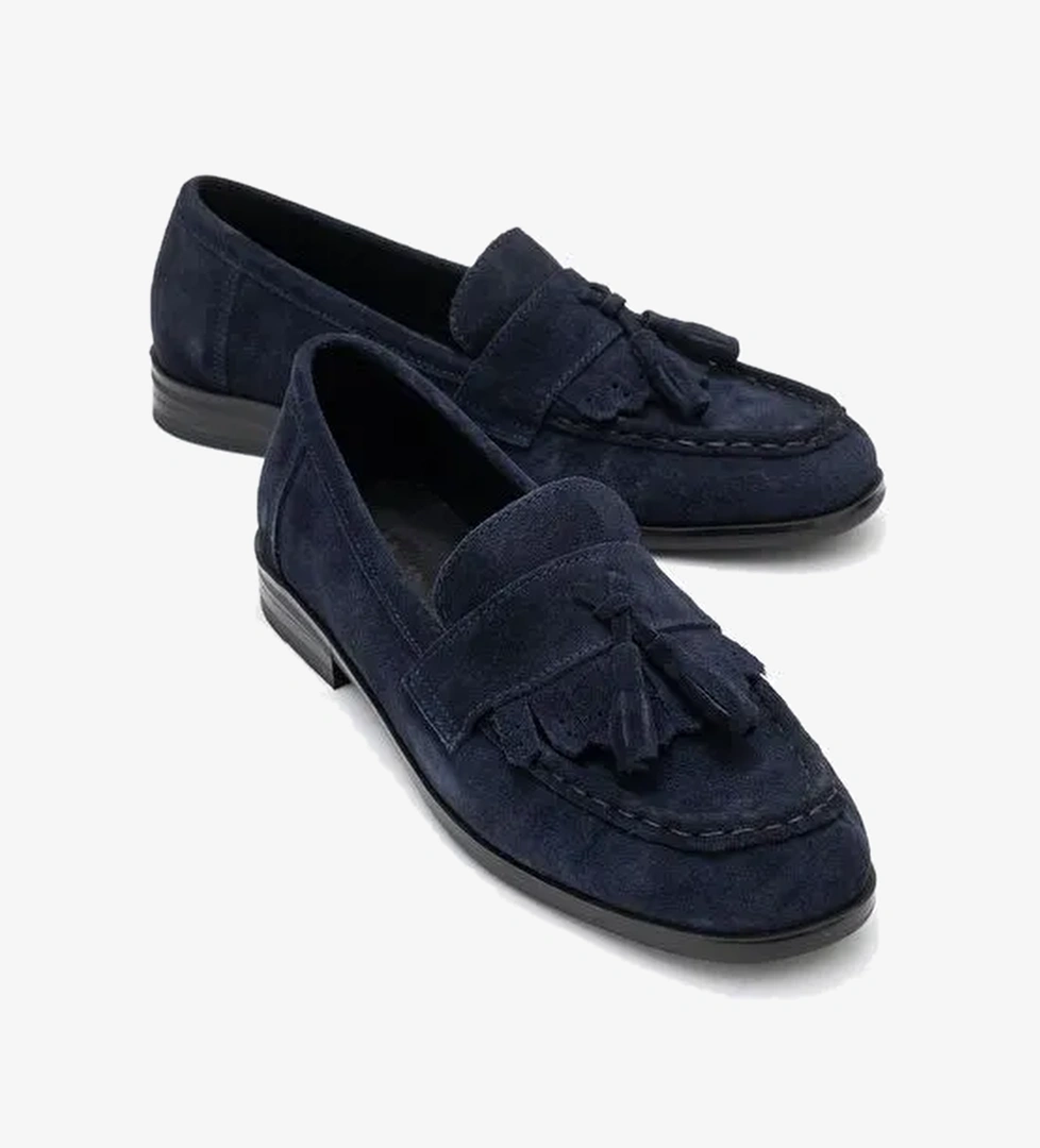 LUPEN Lacivert Süet Püsküllü Hakiki Deri Kadın Loafer Ayakkabı - Görsel 1