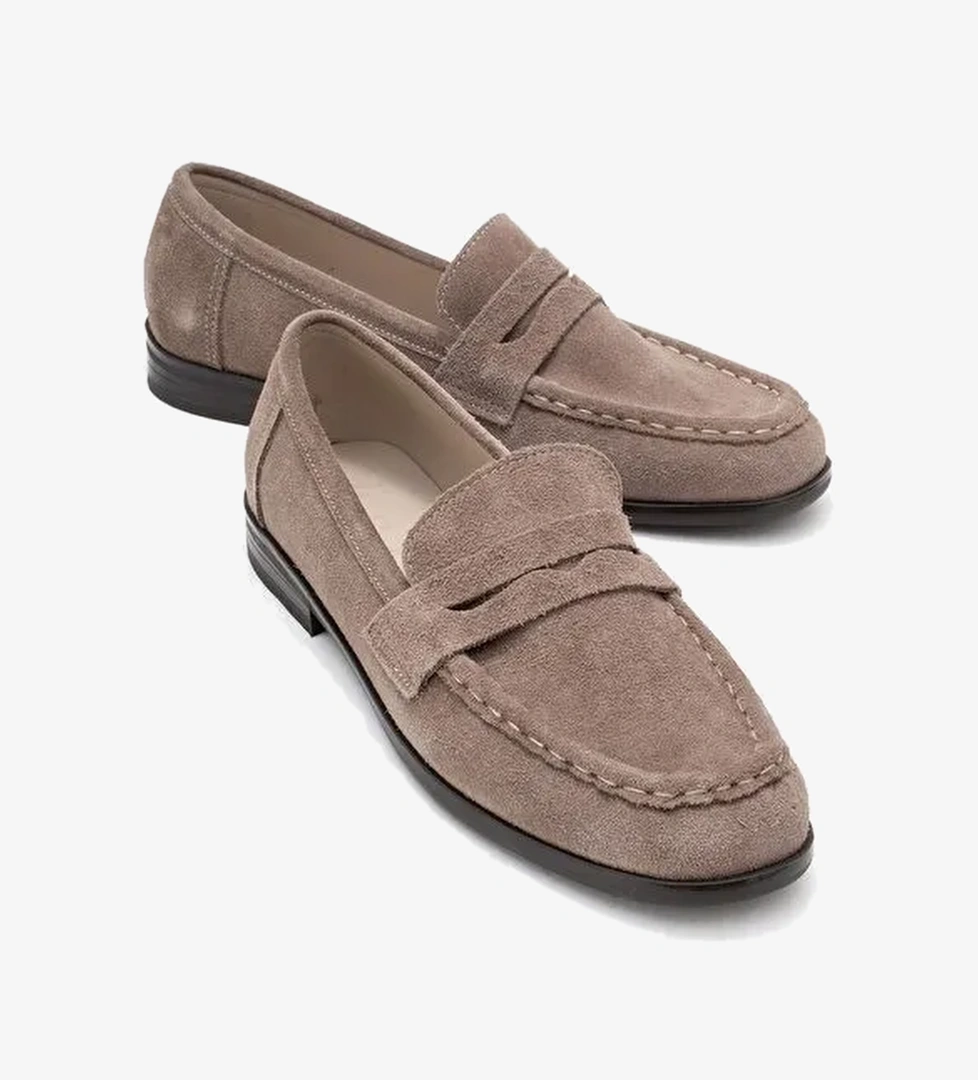 VALIA Vizon Süet Hakiki Deri Kadın Loafer Ayakkabı - Görsel 1
