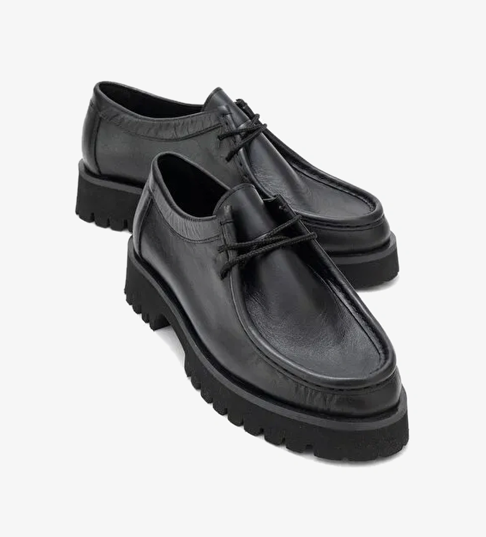 TALIA Siyah Cilt Hakiki Deri Bağcıklı Kadın Loafer Ayakkabı - Görsel 1