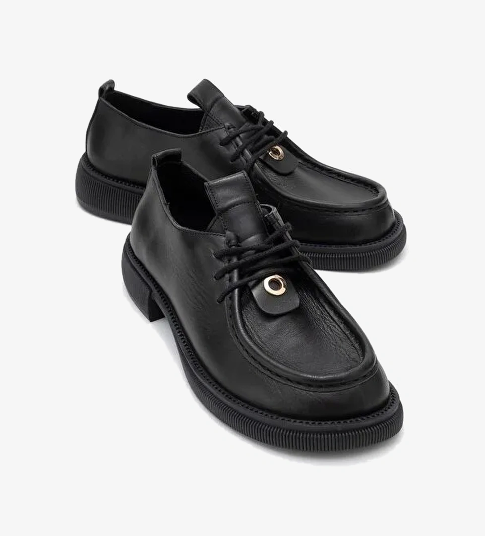 BAND Siyah Cilt Hakiki Deri Bağcıklı Kadın Loafer Ayakkabı - Görsel 1