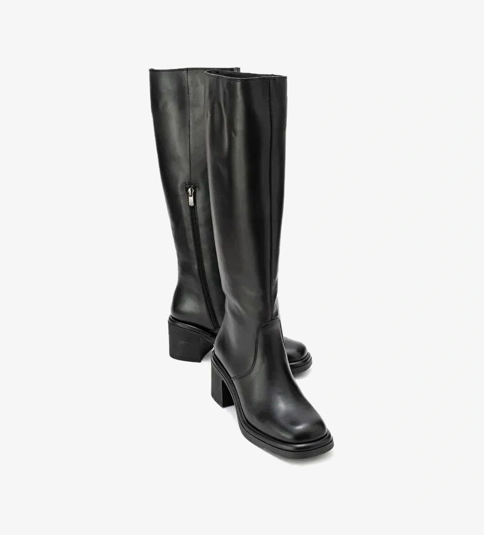 FROS Siyah Cilt Hakiki Deri Kadın Kalın Topuklu Çizme - Görsel 1