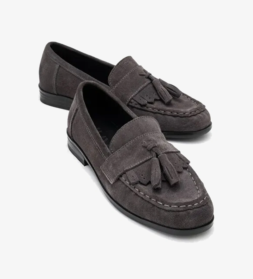 LUPEN Gri Süet Püsküllü Hakiki Deri Kadın Loafer Ayakkabı - Görsel 1