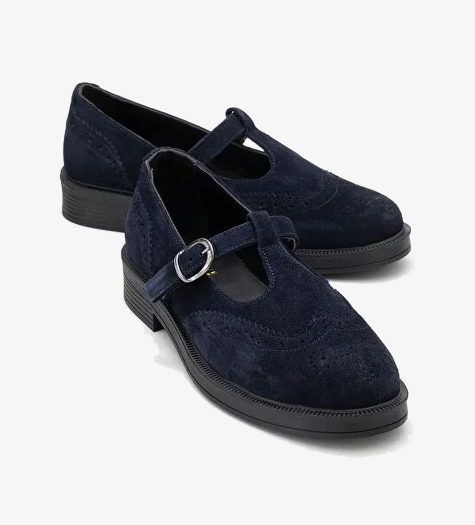 JANNEY Lacivert Süet Hakiki Deri Bantlı Kadın Loafer Ayakkabı - Görsel 1