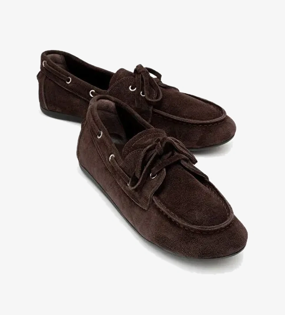 SERELIS Kahverengi Süet Hakiki Deri Bağcıklı Kadın Loafer Ayakkabı - Görsel 1
