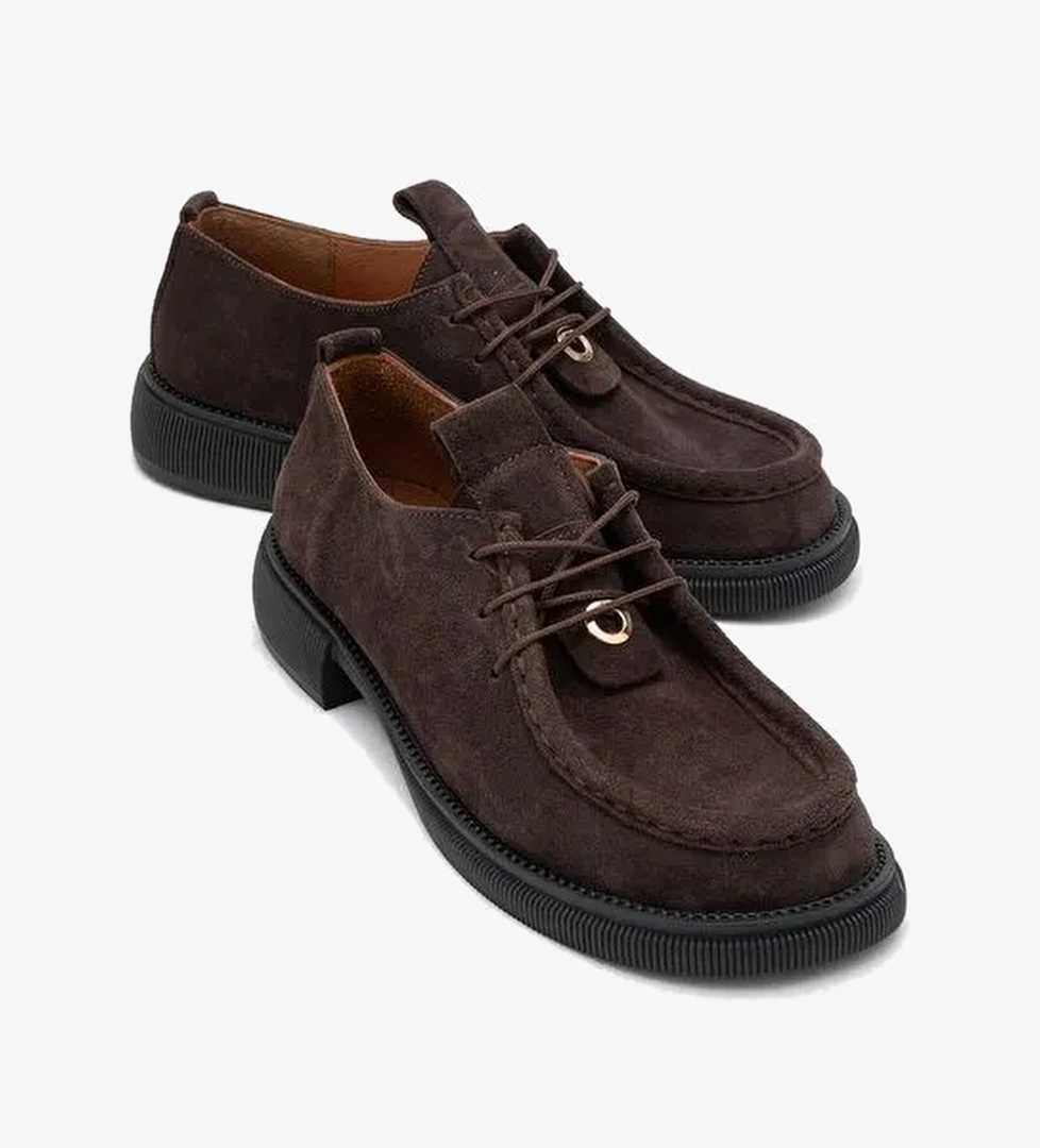 BAND Kahverengi Süet Hakiki Deri Bağcıklı Kadın Loafer Ayakkabı - Görsel 1