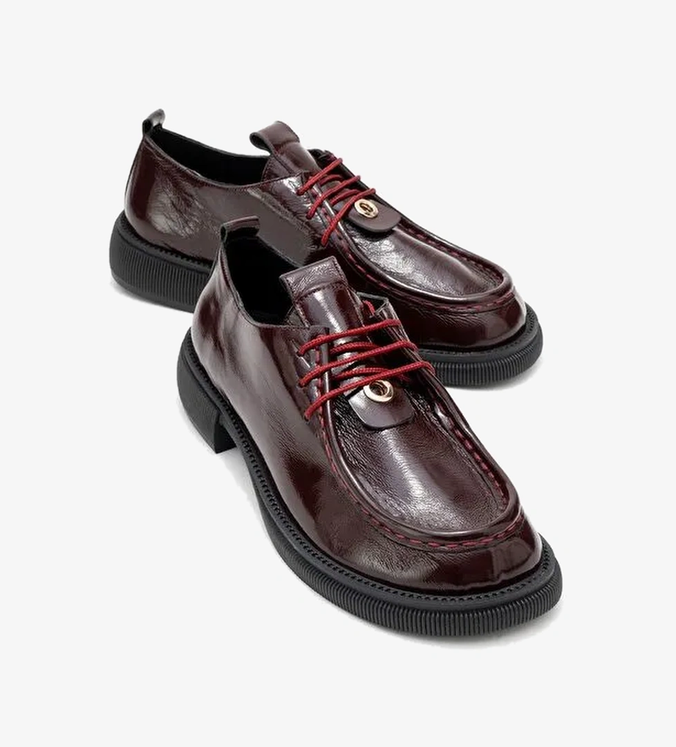 BAND Bordo Kırışık Rugan Hakiki Deri Bağcıklı Kadın Loafer Ayakkabı - Görsel 1