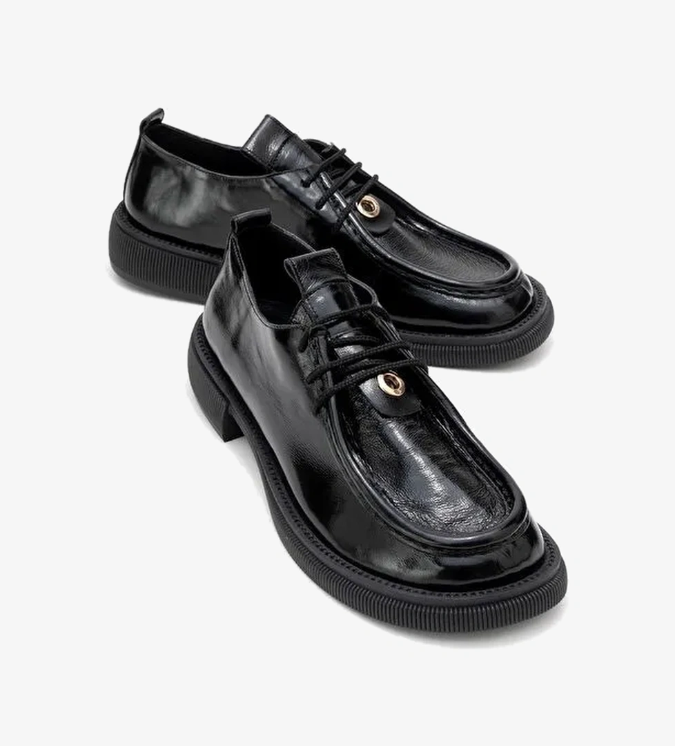 BAND Siyah Kırışık Rugan Hakiki Deri Bağcıklı Kadın Loafer Ayakkabı - Görsel 1