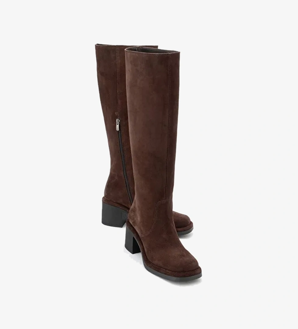 FROS Kahverengi Süet Hakiki Deri Kadın Kalın Topuklu Çizme - Görsel 1