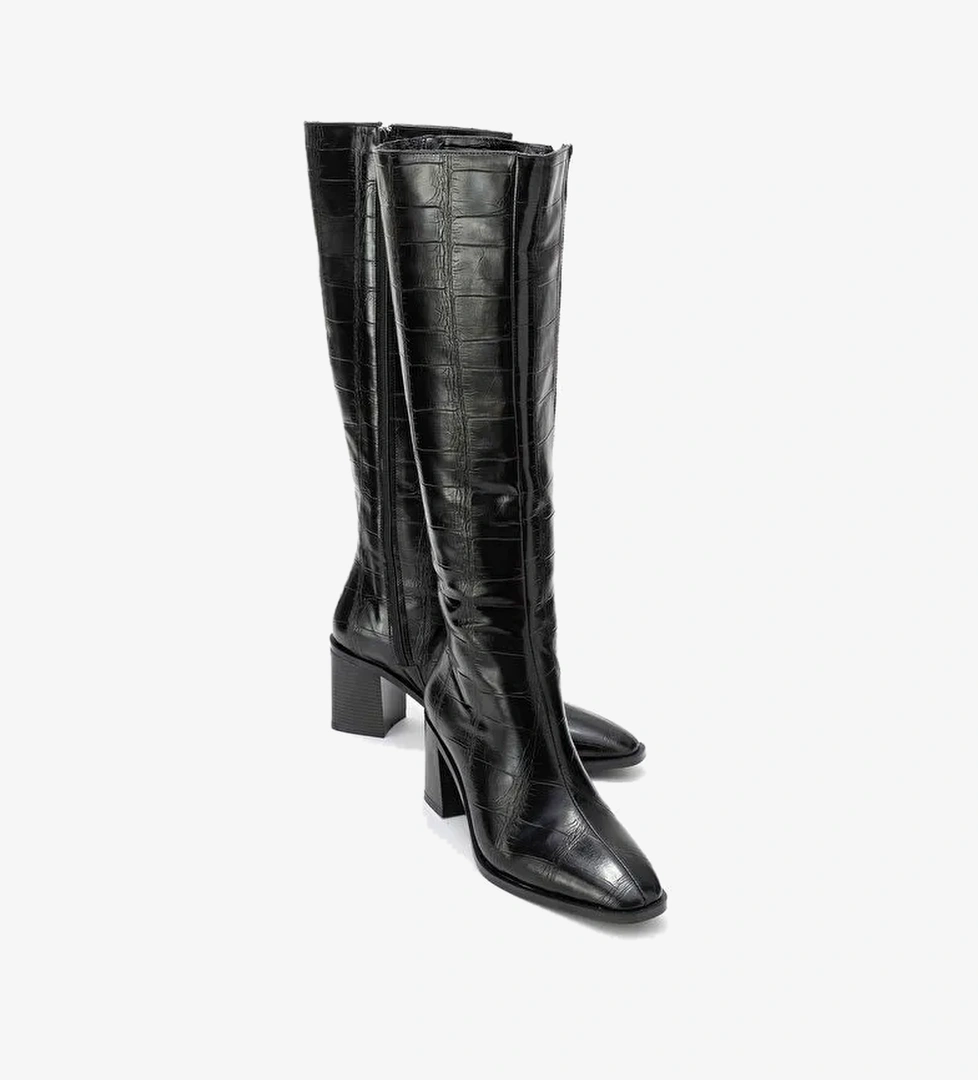 VENIA Siyah Baskı Kadın Kalın Topuklu Çizme - Görsel 1