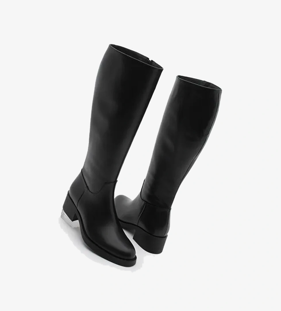 Kadın Dizaltı Fermuarlı Klasik Topuklu Çizme Lunces Siyah - Görsel 1