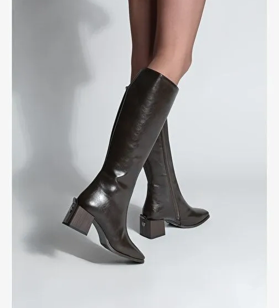 Kadın Küt Burun Fermuarlı Kalın Topuklu Çizme Lusso Kahve - Görsel 1