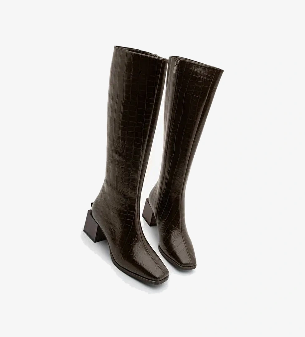 Kadın Küt Burun Fermuarlı Kalın Topuklu Çizme Lusso Kahve Croco - Görsel 1