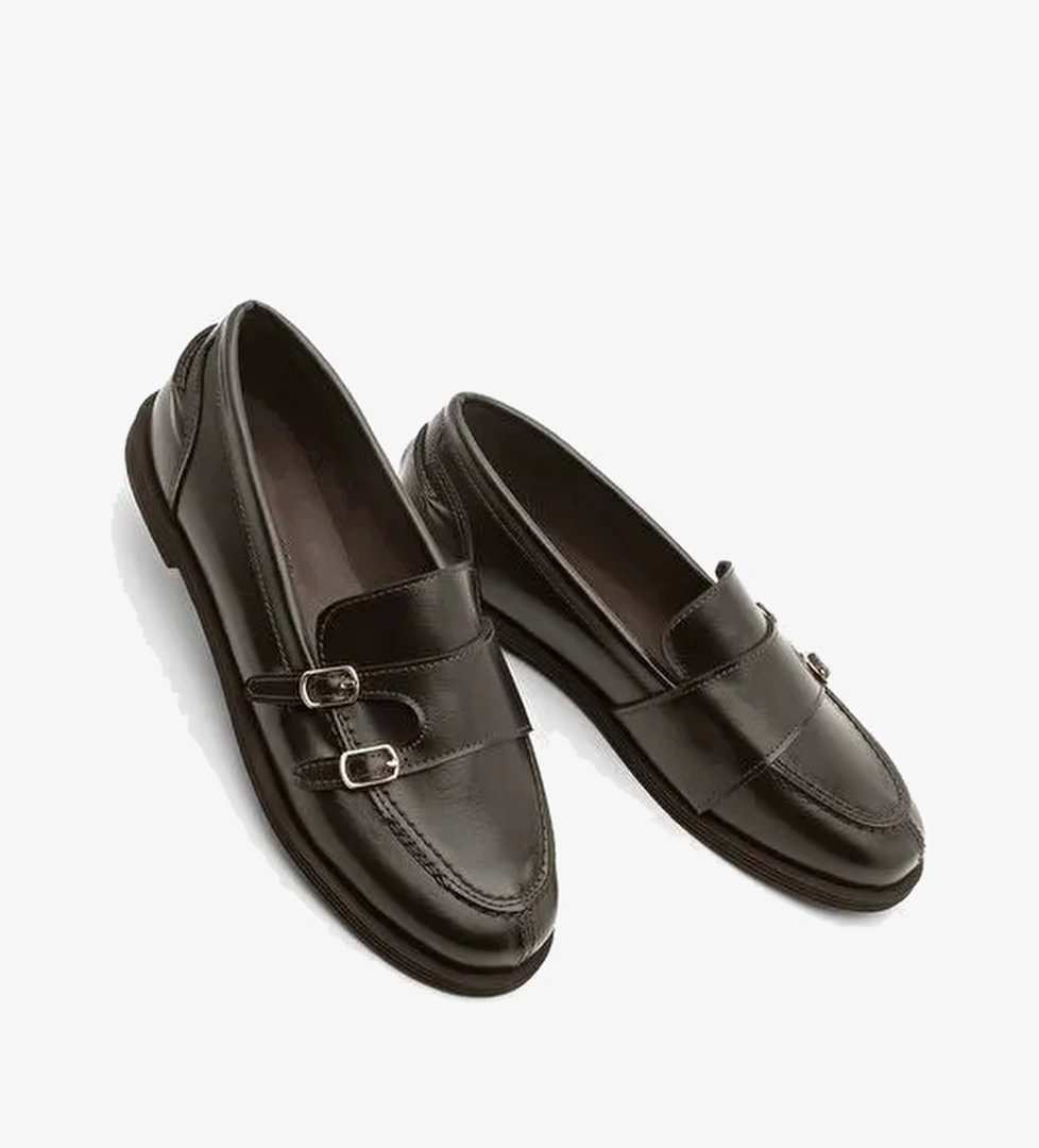 Kadın Loafer Çift Bantlı Makosen Tokalı Günlük Ayakkabı Ovora Kahve - Görsel 1