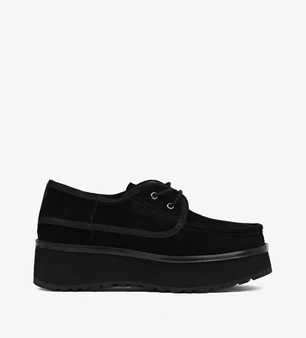 Kadın Siyah Kalın Tabanlı Bağcıklı Süet Deri Teddy Casual Ayakkabı 25AFD189610 - Görsel 1