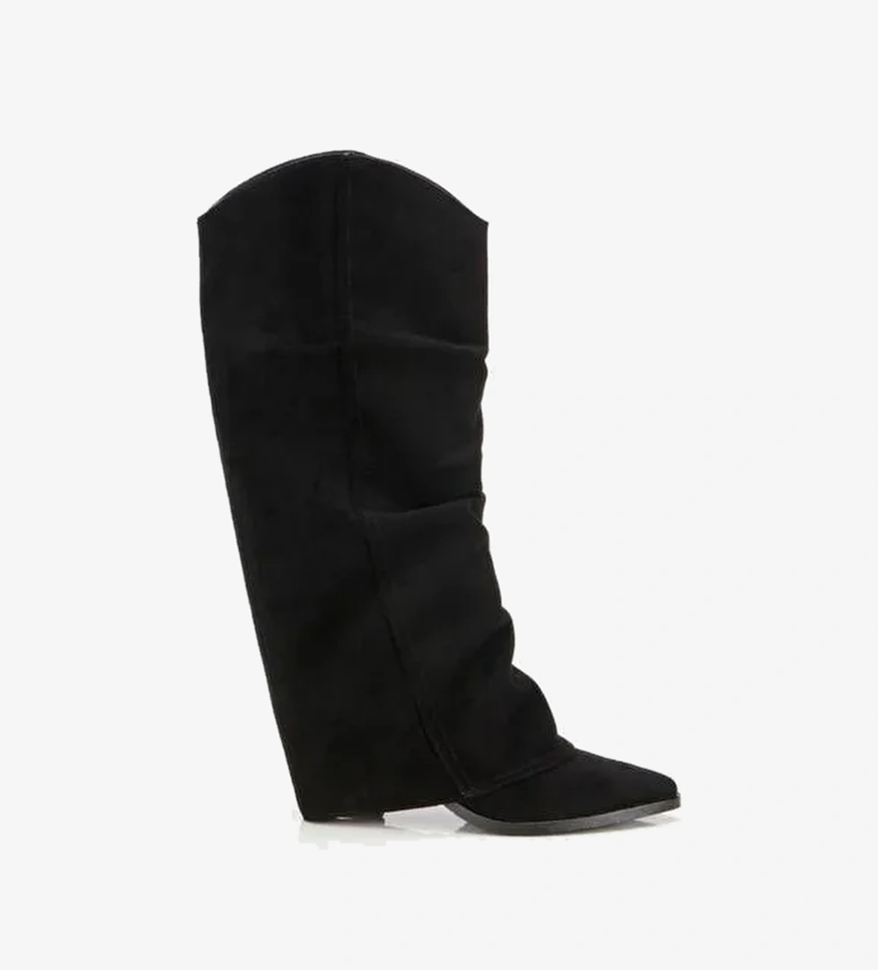 Kadın Süet Siyah Dikiş Detaylı Western Kalın Topuklu Çizme - Görsel 1