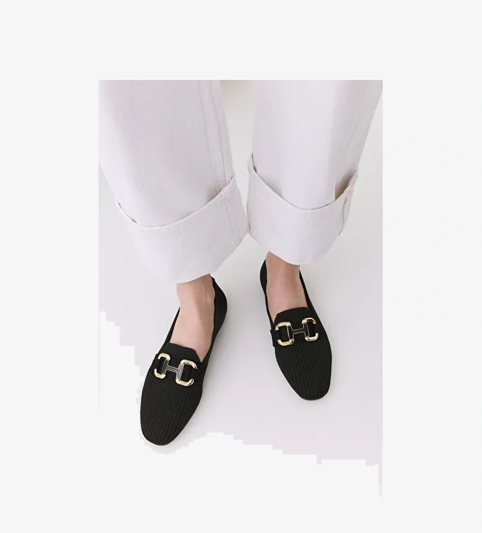 Kadın Siyah Örgü Detaylı Tokalı Günlük Loafer - Görsel 1