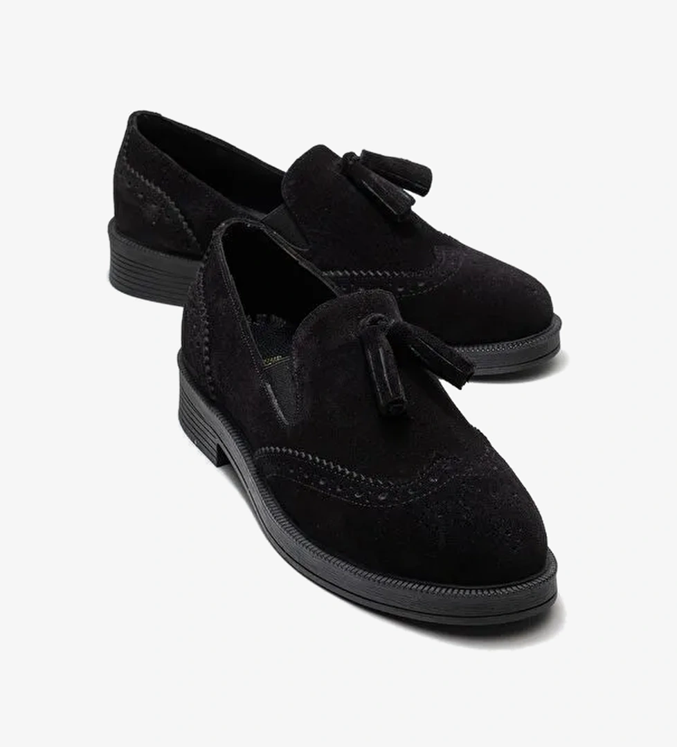ALEX Siyah Süet Hakiki Deri Püsküllü Lastikli Kadın Loafer Ayakkabı - Görsel 1
