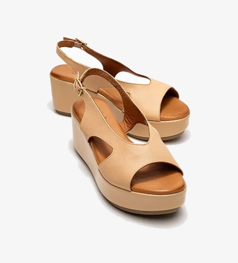 BRAD Koyu Bej Cilt Hakiki Deri Dolgu Topuklu Kadın Sandalet - Görsel 1