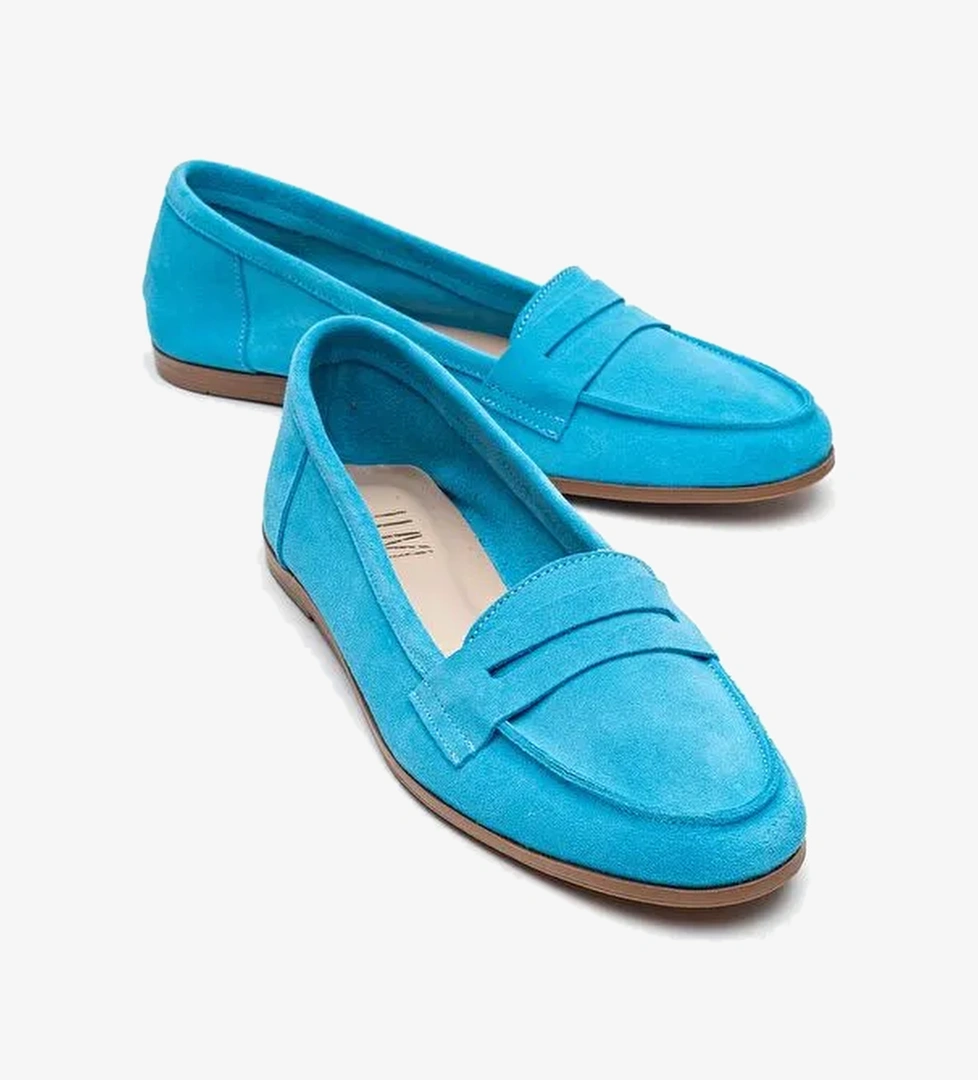 F02 Açık Mavi Süet Hakiki Deri Kadın Loafer Ayakkabı - Görsel 1