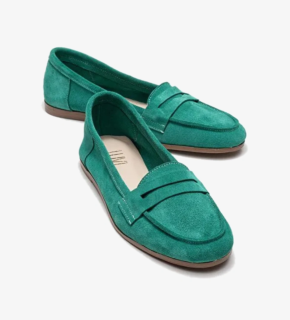 F02 Zümrüt Yeşil Süet Hakiki Deri Kadın Loafer Ayakkabı - Görsel 1