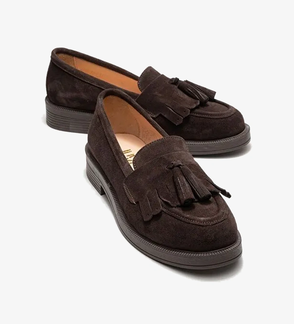 MİLİNA Kahverengi Süet Püsküllü Hakiki Deri Kadın Loafer Ayakkabı