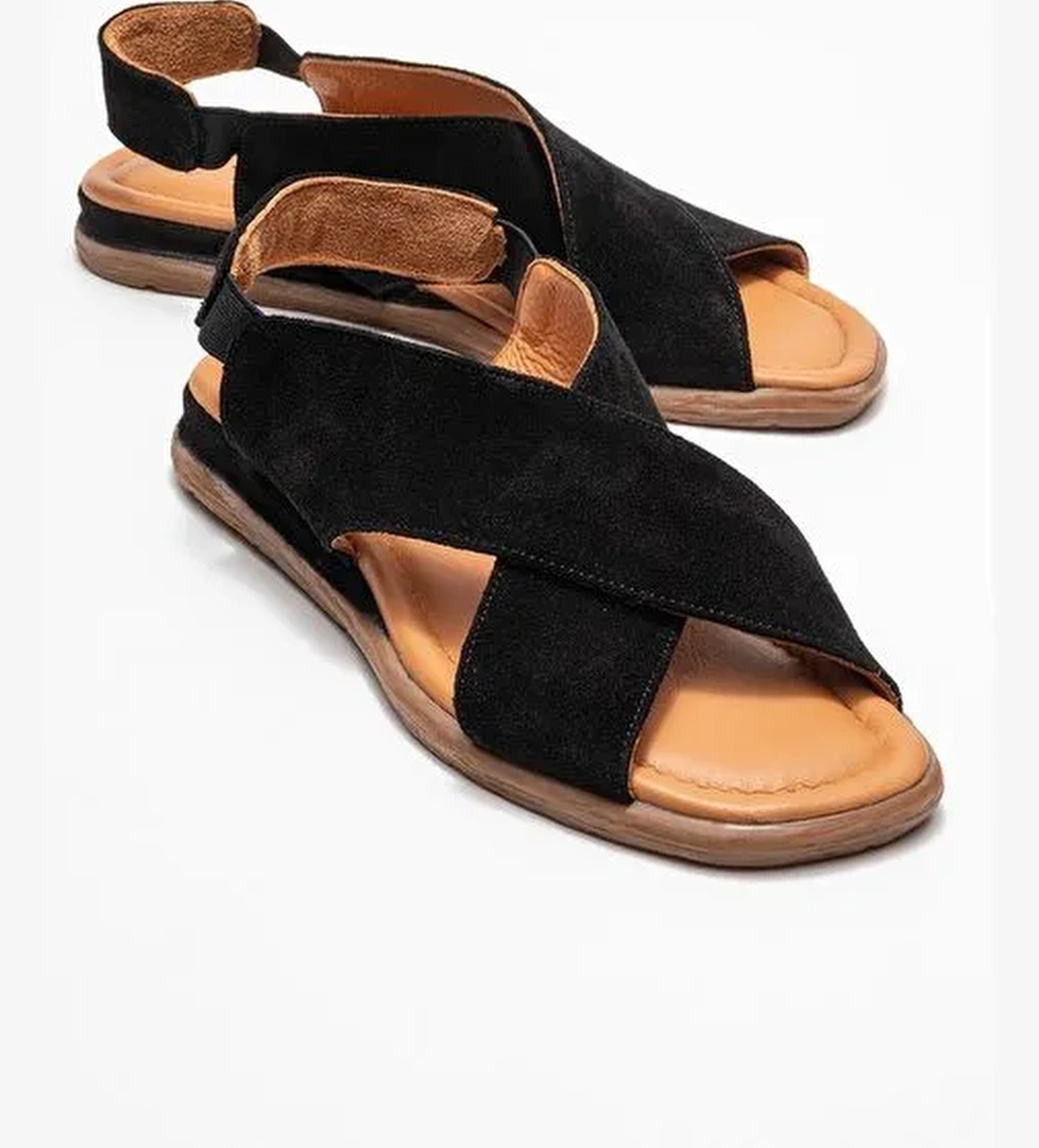 706 Hakiki Deri Siyah Süet Kadın Sandalet - Görsel 1