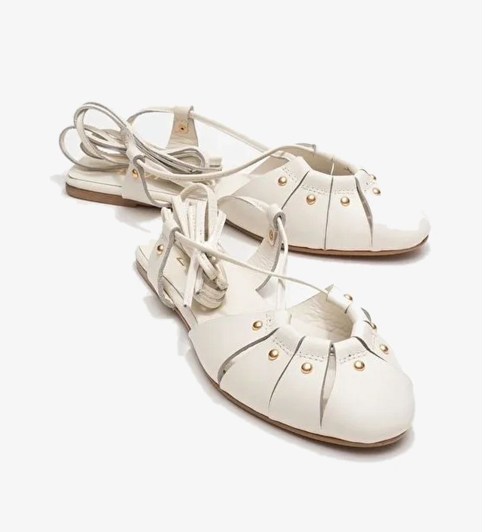 DARIA Ekru Hakiki Deri Troklu Bilekten Bağcıklı Kadın Sandalet - Görsel 1