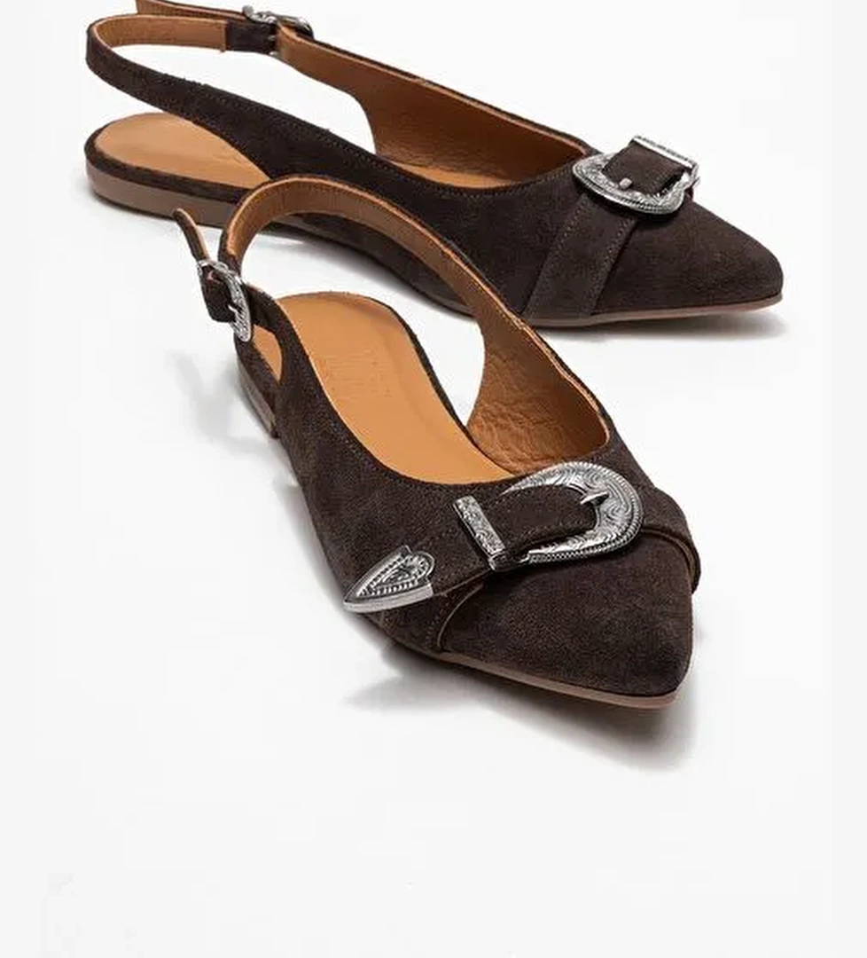 DOROTHY Kahverengi Süet Hakiki Deri Tokalı Sivri Burunlu Kadın Sandalet - Görsel 1