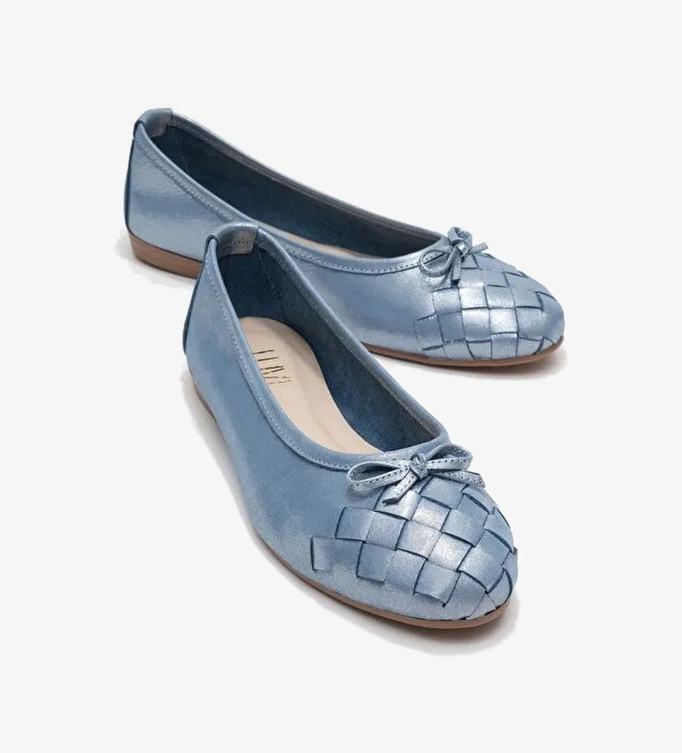 03 Mavi Simli Hakiki Deri Kadın Babet Ayakkabı - Görsel 1