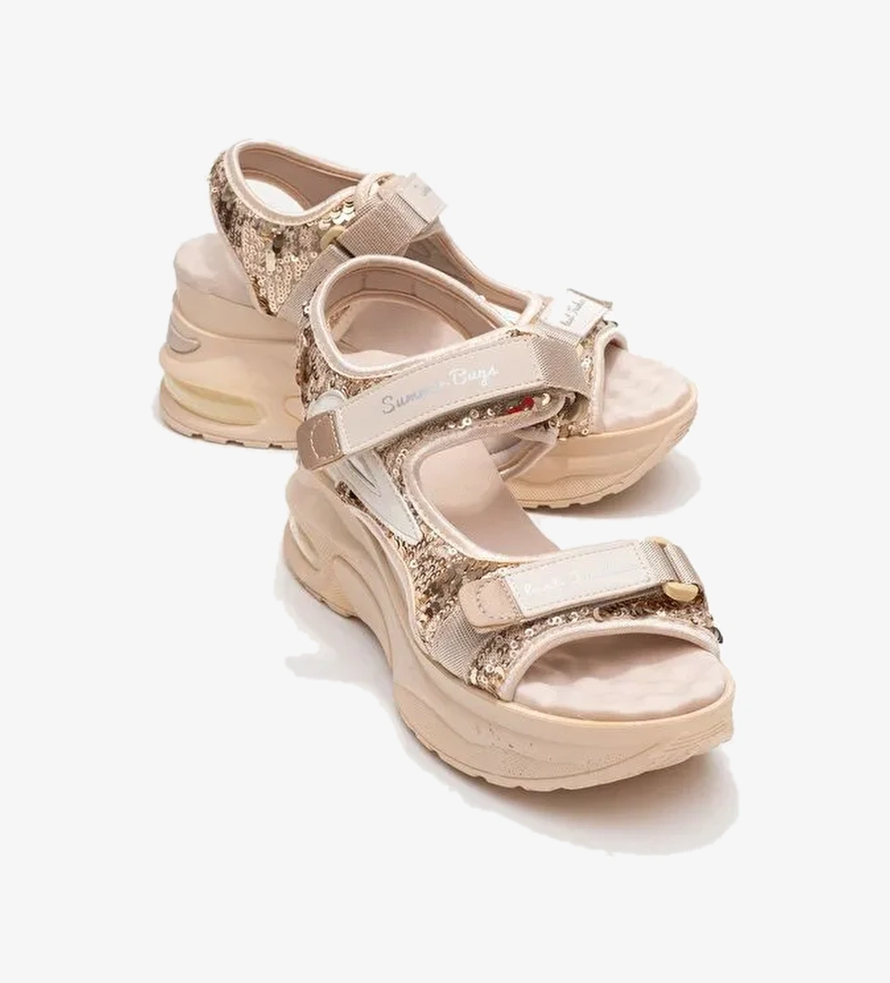 ARTHUR Bej -Altın Payet Bantlı Kalın Taban Kadın Spor Sandalet - Görsel 1