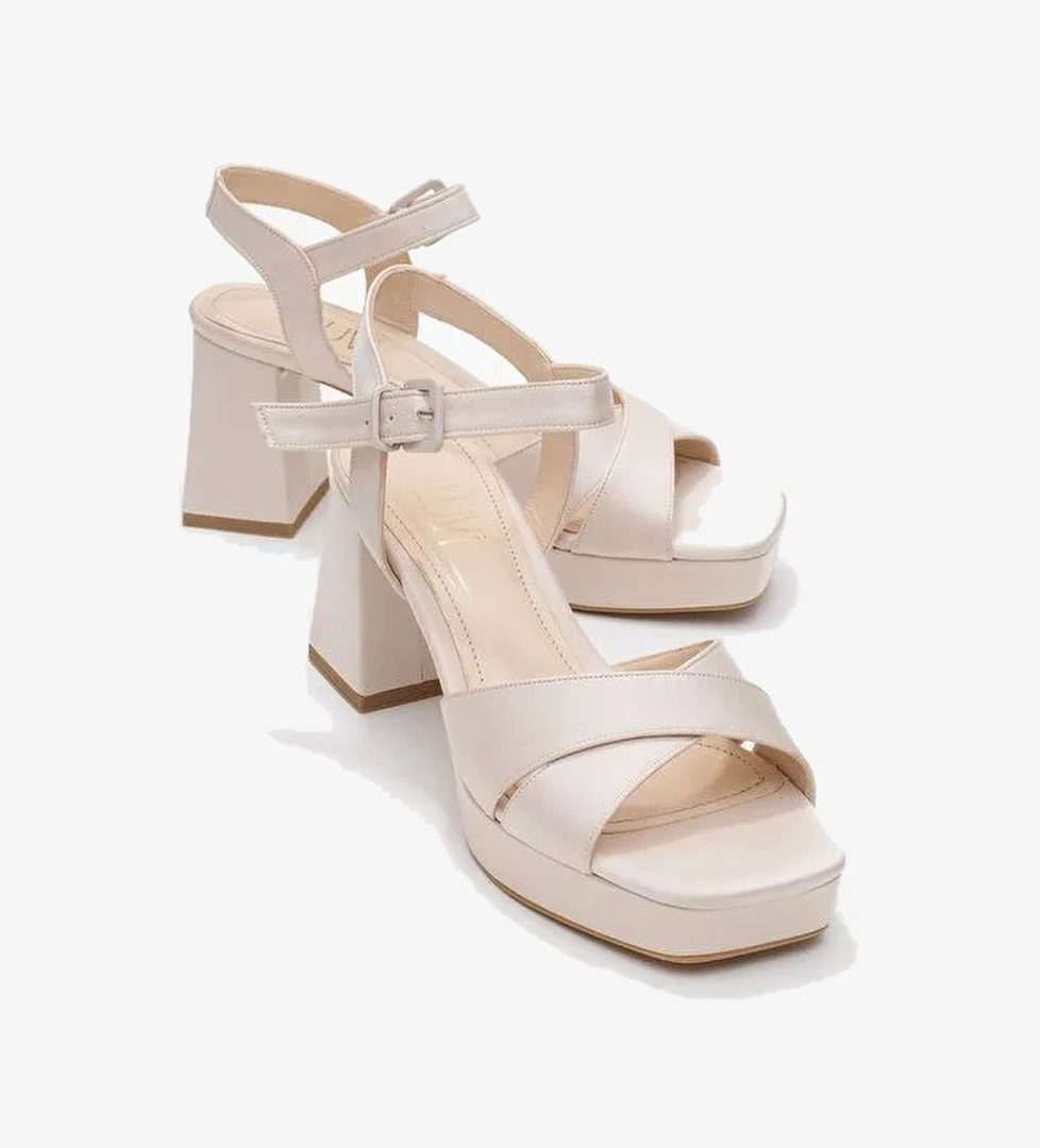 LİSBON Bej Saten Çapraz Bantlı Kadın Platform Topuklu Ayakkabı - Görsel 1