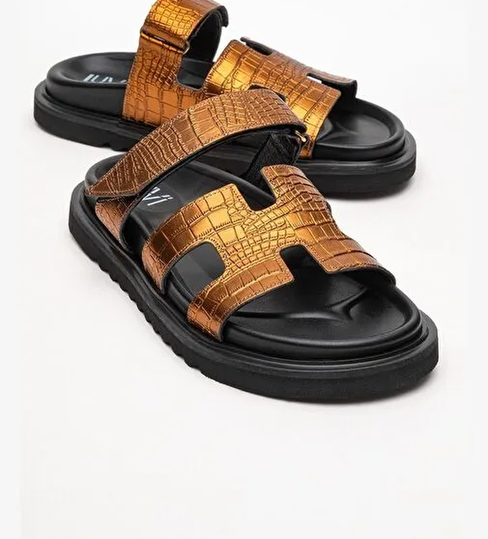 LOANA Bakır Baskı Hakiki Deri Kadın Terlik - Görsel 1