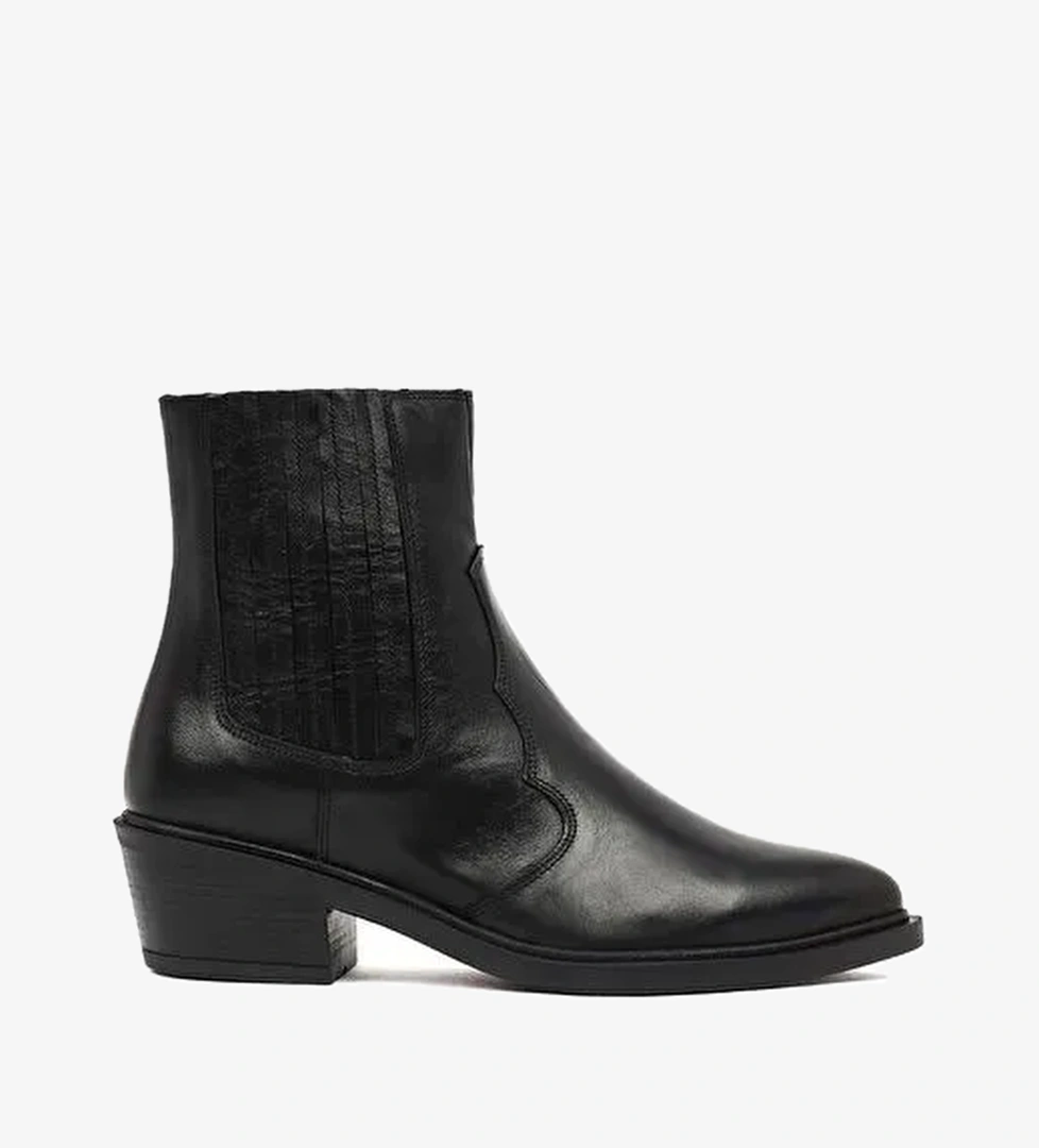 Kadın Siyah Kısa Kalın Topuklu Deri Kovboy Bot 25WFD182718 - Görsel 1