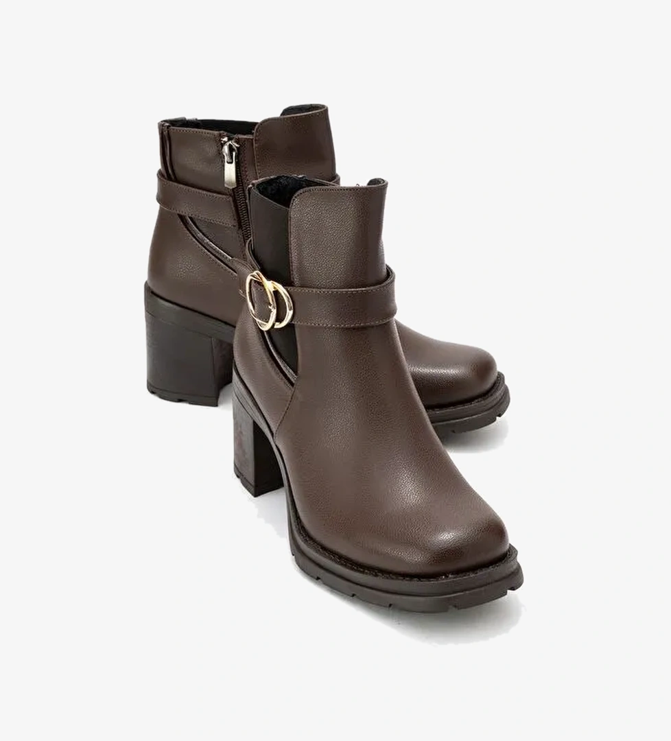 HEİLE Kahverengi Cilt Tokalı Kadın Kalın Topuklu Bot - Görsel 1