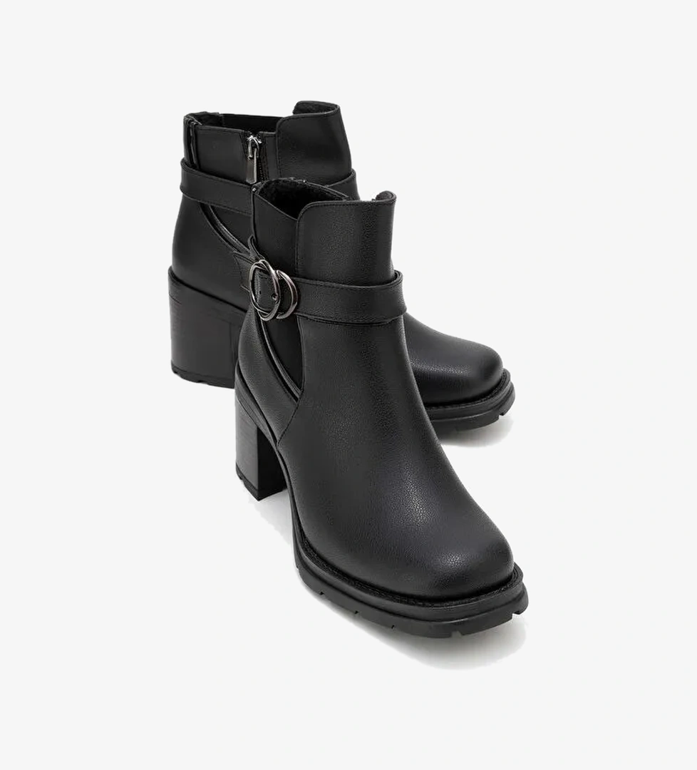 HEİLE Siyah Cilt Tokalı Kadın Kalın Topuklu Bot - Görsel 1