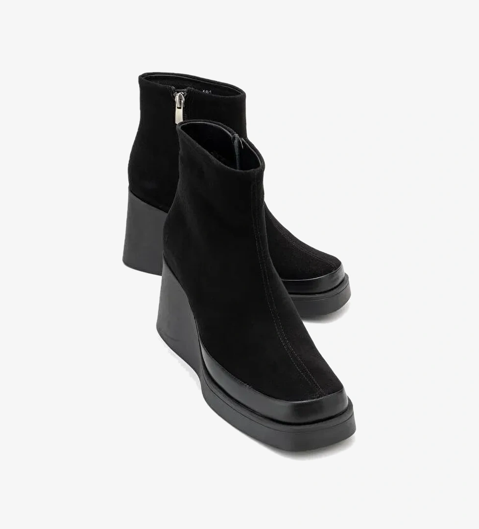 LIVIA Siyah Süet Hakiki Deri Kadın Dolgu Topuklu Bot - Görsel 1