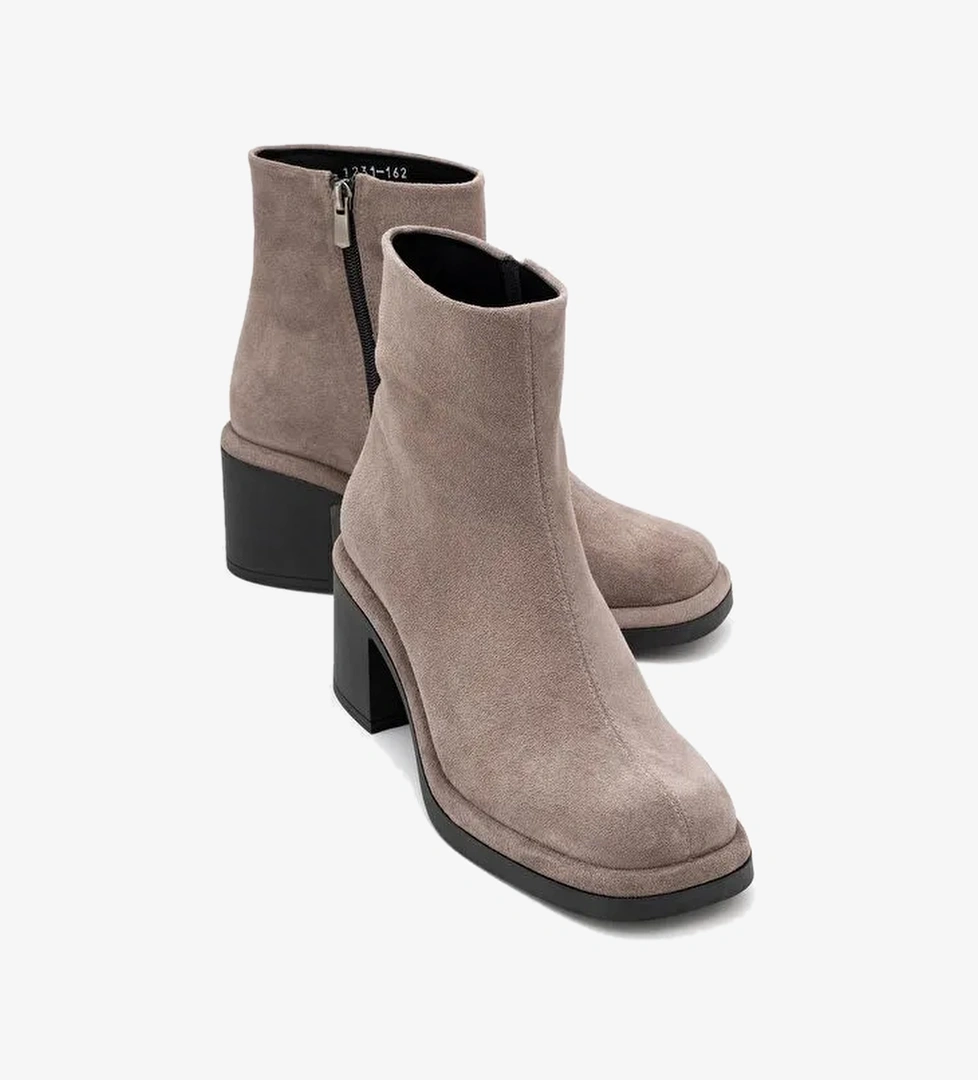 JUNAE Vizon Süet Hakiki Deri Kadın Kalın Topuklu Bot - Görsel 1
